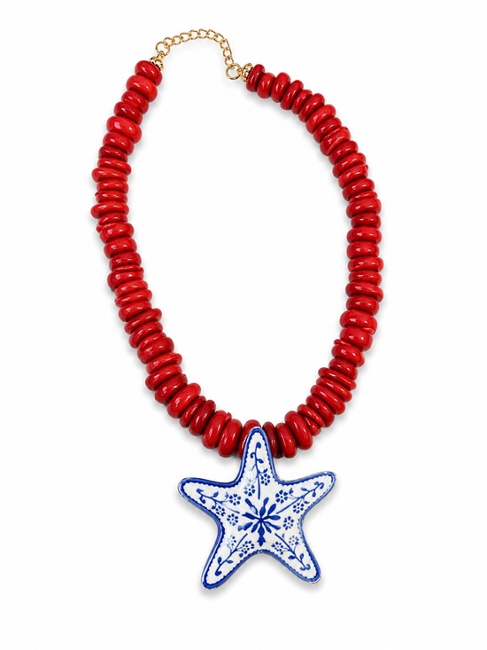 Unique Vintage Jewelry - Beaded Necklace with Blue & White Starfish Pendant